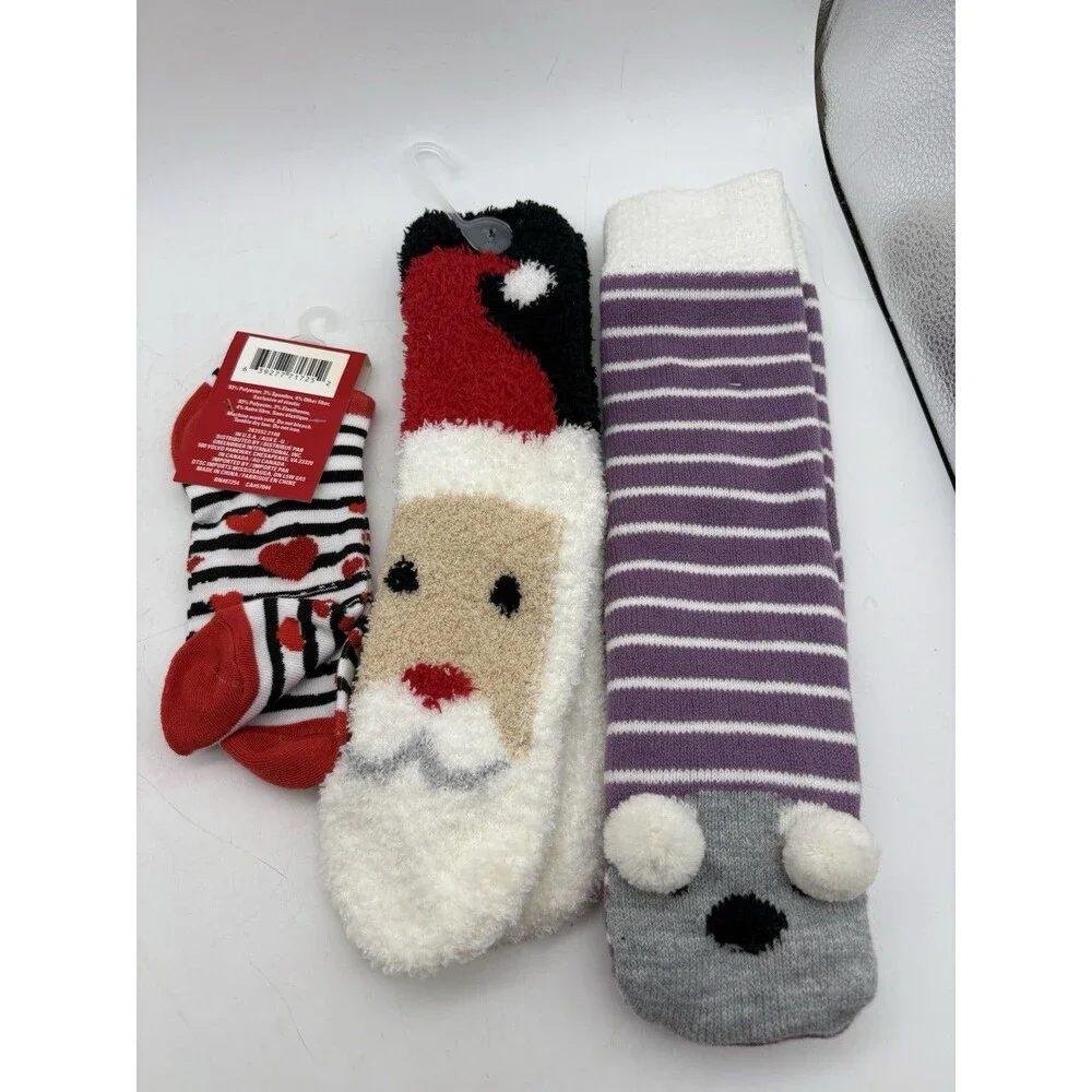 Women’s Cozy Socks Lot 3 Pairs Santa Mouse Hearts Knee High Low Cut New